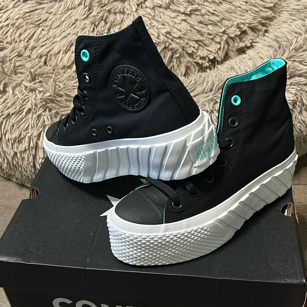 Converse CTA Lift 2x Hi Black High-Tops with White and Teal Accents